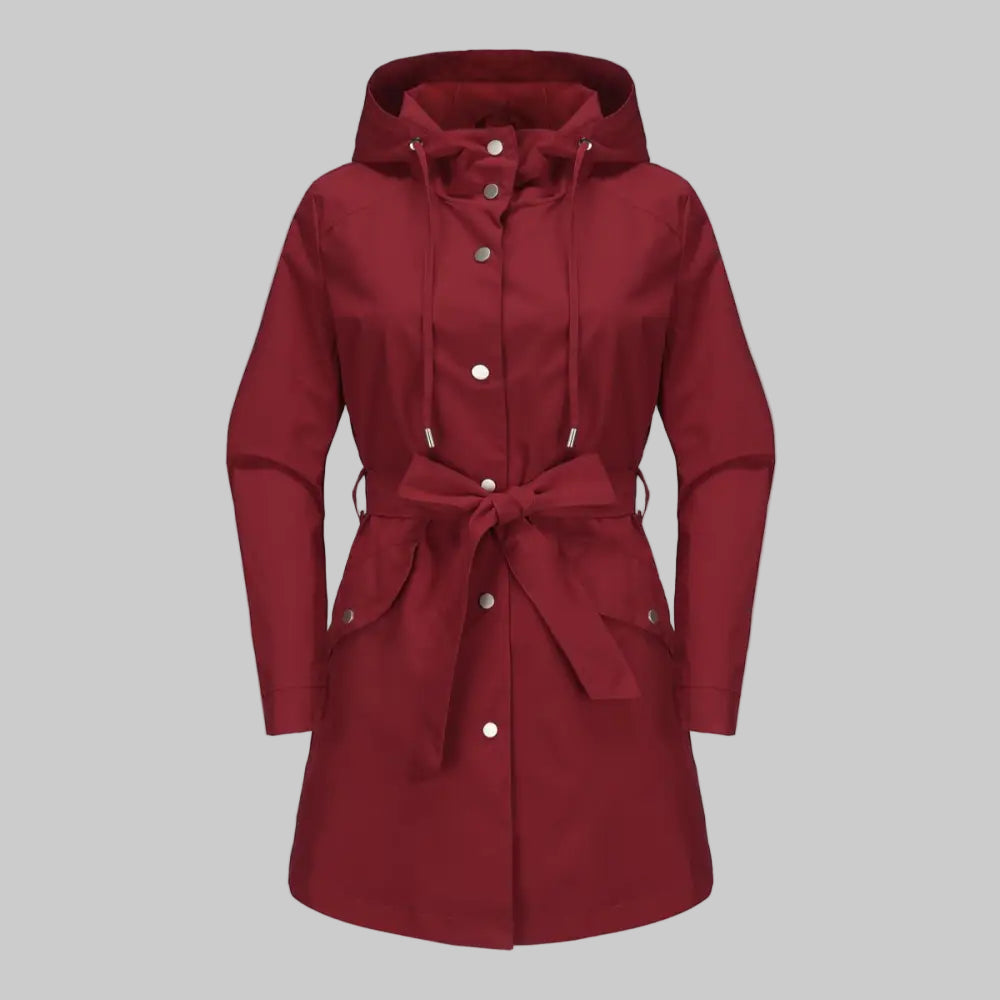 Hooded Waterproof Belt Raincoat - S / Burgundy - Outerwear