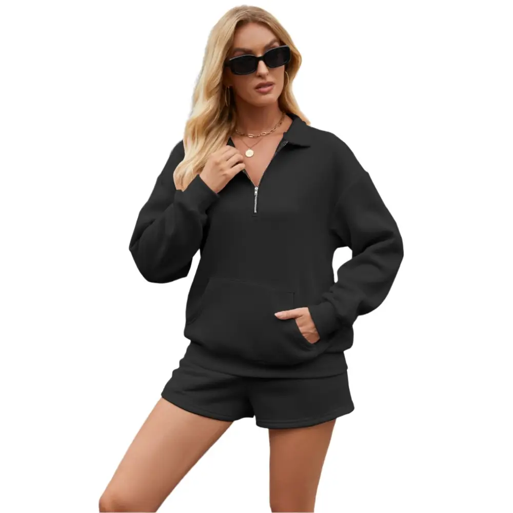 Hoodie Pocket Two-Piece Shorts Set - S / Black - Outfit Sets