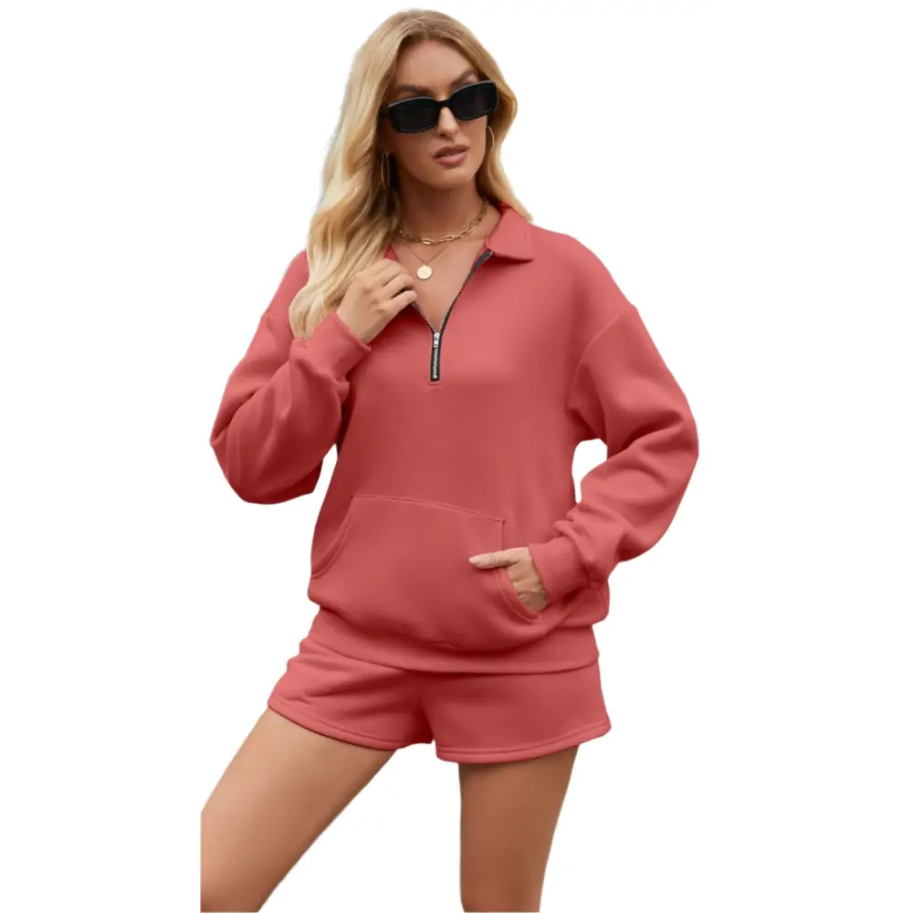 Hoodie Pocket Two-Piece Shorts Set - S / Burgundy - Outfit Sets