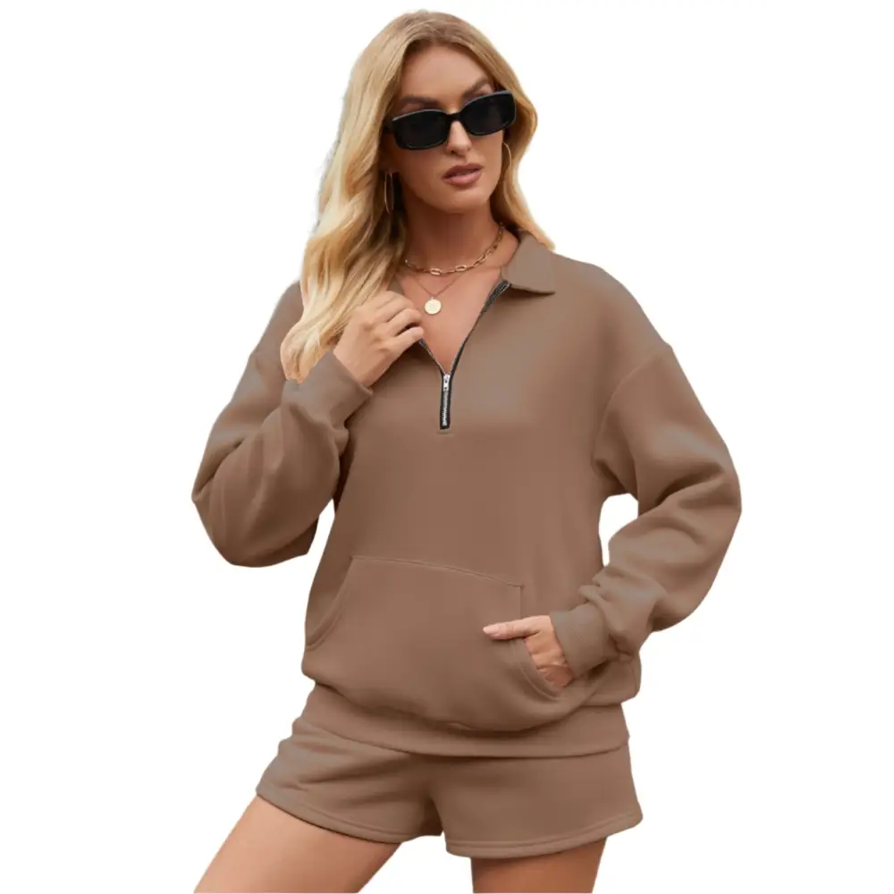 Hoodie Pocket Two-Piece Shorts Set - S / Dark Brown - Outfit Sets