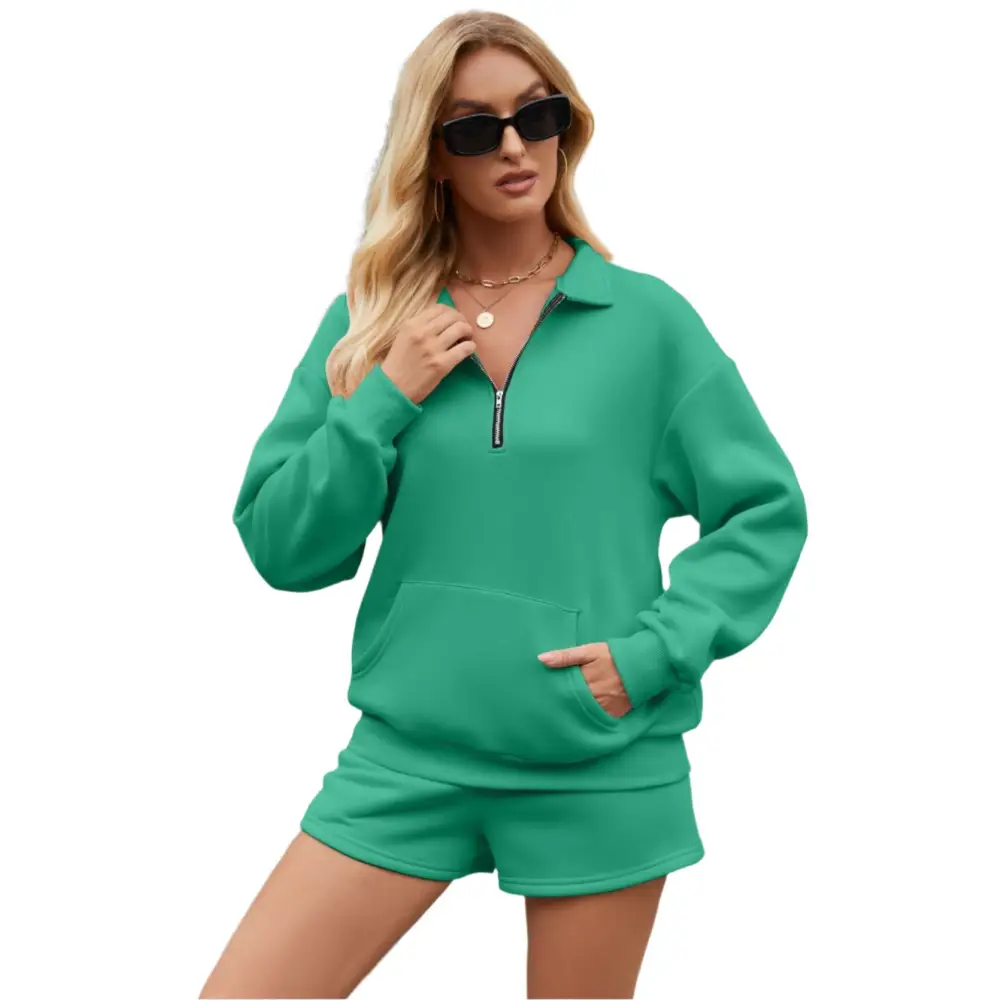 Hoodie Pocket Two-Piece Shorts Set - S / Green - Outfit Sets