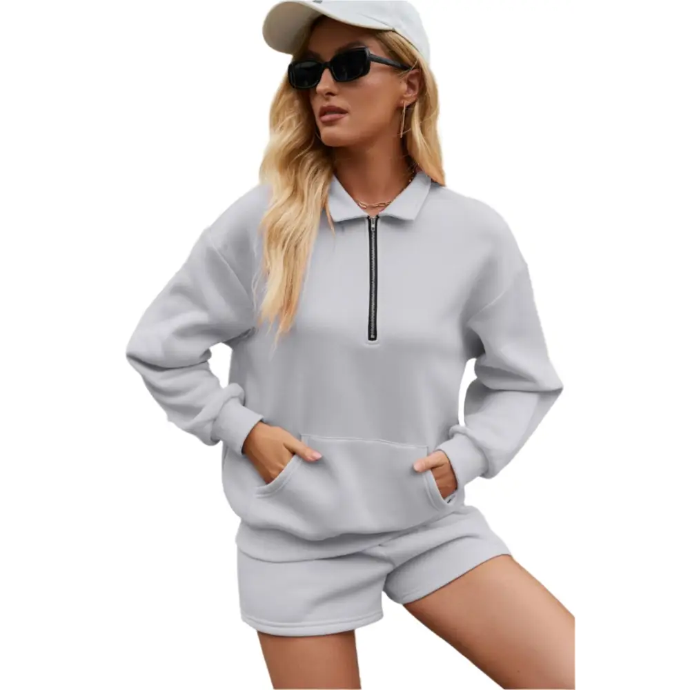 Hoodie Pocket Two-Piece Shorts Set - S / Light Gray - Outfit Sets