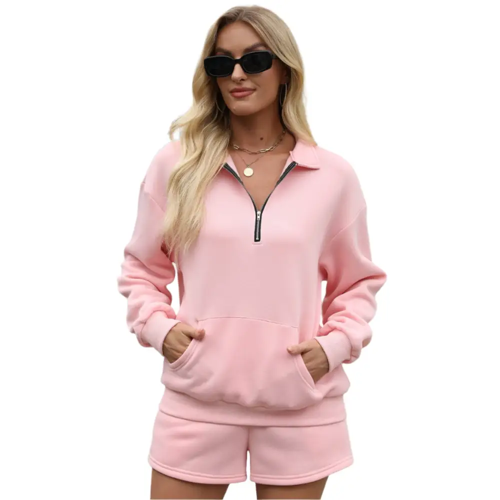 Hoodie Pocket Two-Piece Shorts Set - S / Pink - Outfit Sets