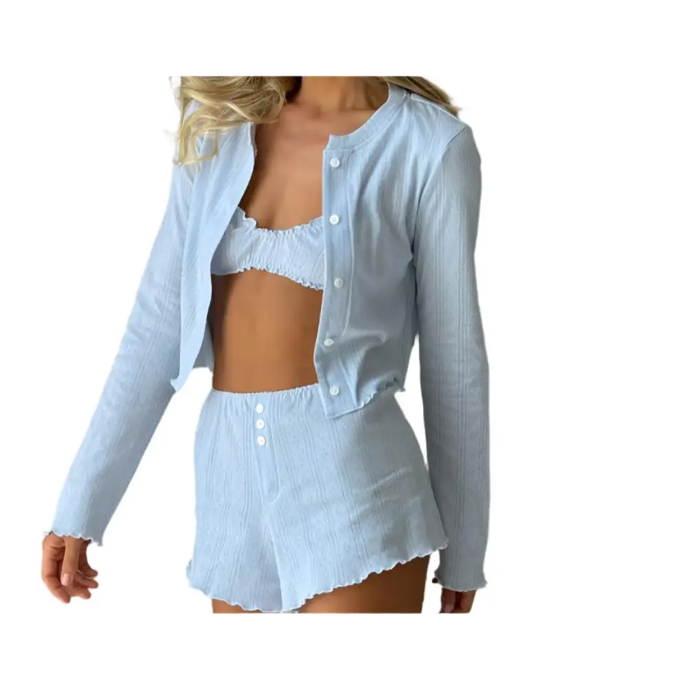 Knit Long Sleeve Three Piece Pajamas Set - S / Blue - Loungewear Sleepwear