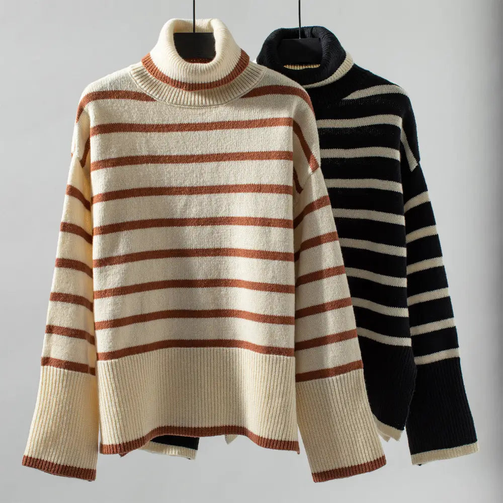 Knitting Pullover Collared Striped Turtleneck Sweater - Sweaters & Cardigans
