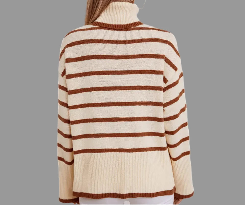 Knitting Pullover Collared Striped Turtleneck Sweater - Sweaters & Cardigans