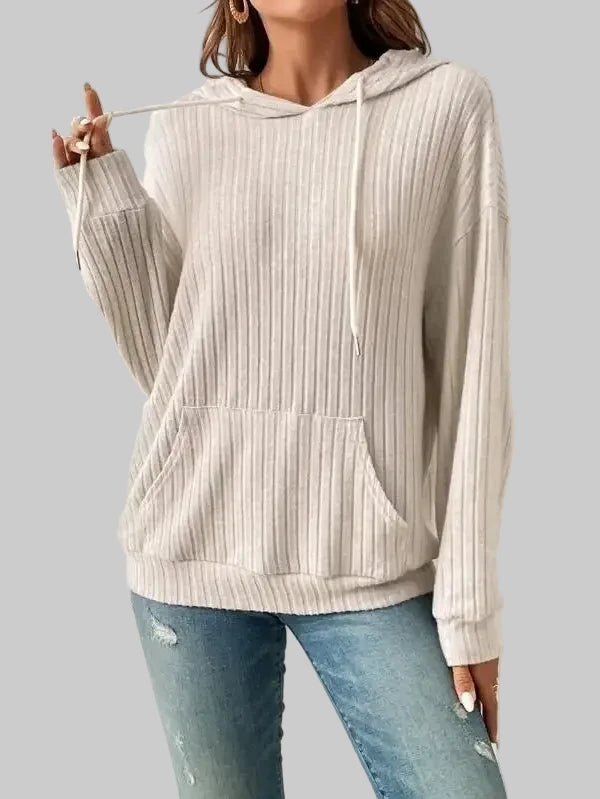Knitwear Hooded Sunken Stripe Kangaroo Pocket Long Sleeve Sweatshirt - S / Apricot - Sweatshirts & Hoodies
