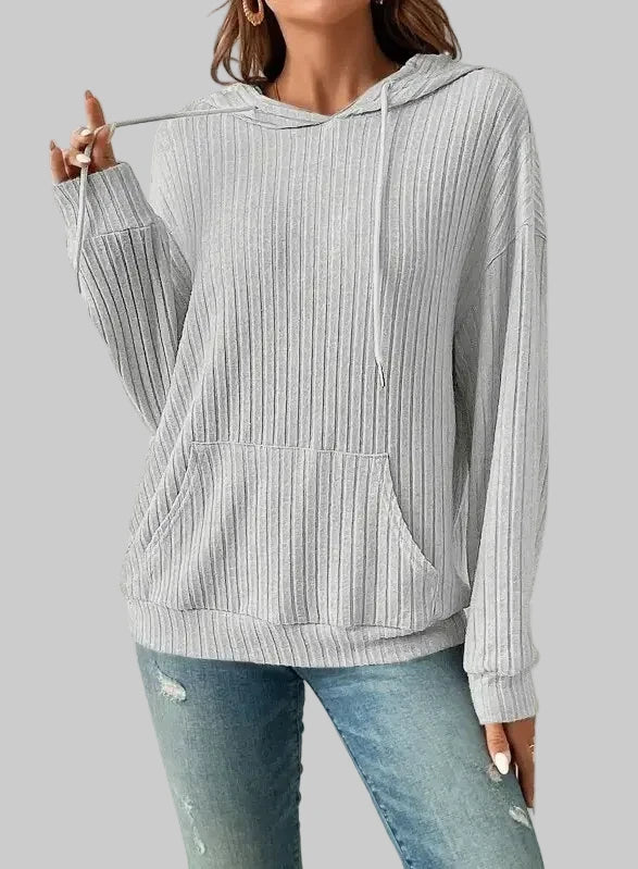Knitwear Hooded Sunken Stripe Kangaroo Pocket Long Sleeve Sweatshirt - S / Gray - Sweatshirts & Hoodies