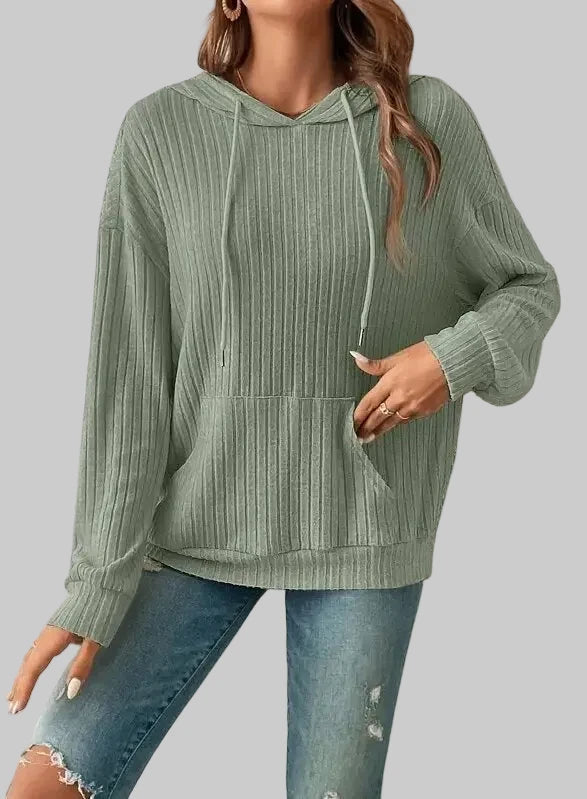 Knitwear Hooded Sunken Stripe Kangaroo Pocket Long Sleeve Sweatshirt - S / Green - Sweatshirts & Hoodies