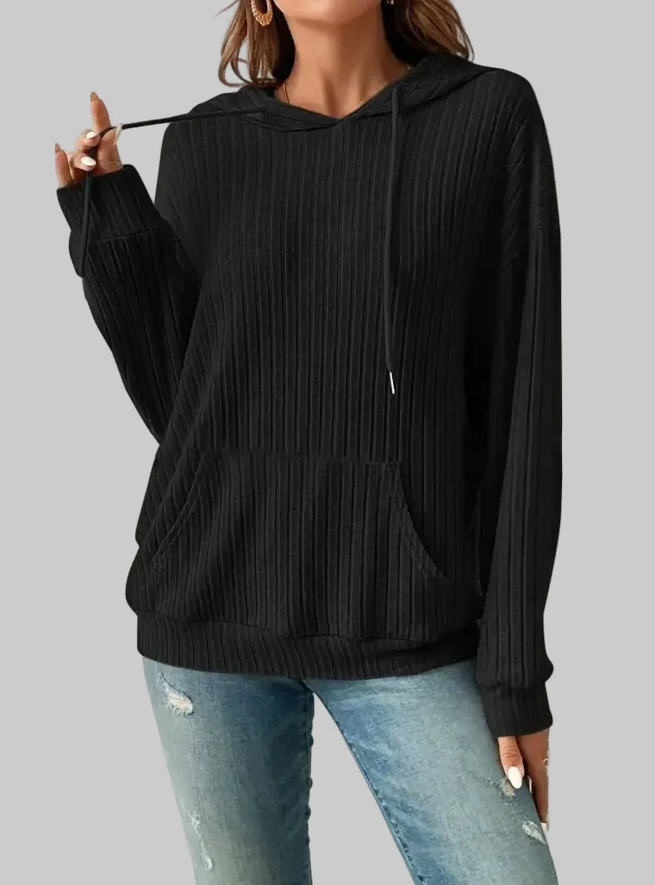 Knitwear Hooded Sunken Stripe Kangaroo Pocket Long Sleeve Sweatshirt - S / Black - Sweatshirts & Hoodies