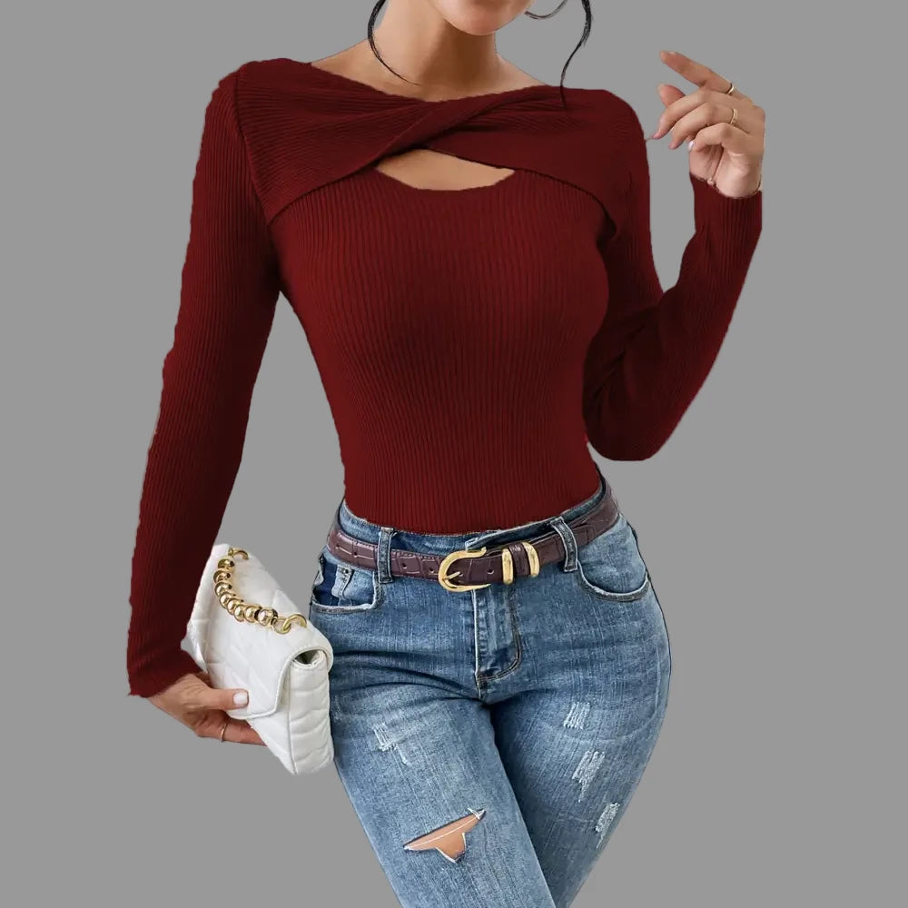 Knitwear Simple Twisted Off Neck Pullover Sweater - S / Burgundy - Sweaters & Cardigans
