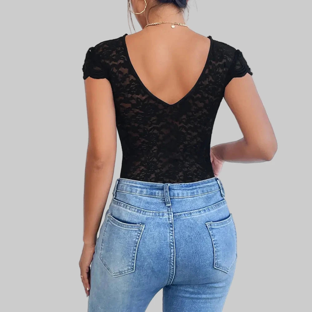 Lace See through Deep V-Plunge Backless Niche Design Bodysuit - Bodysuits