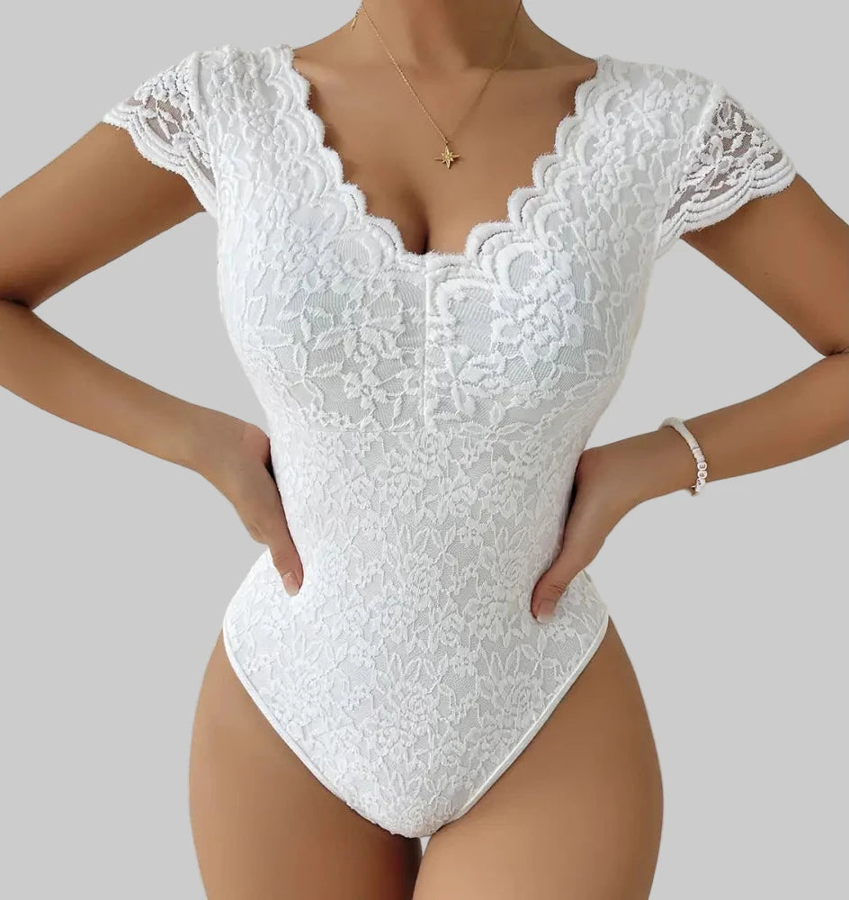 Lace See through Deep V-Plunge Backless Niche Design Bodysuit - XS / White - Bodysuits