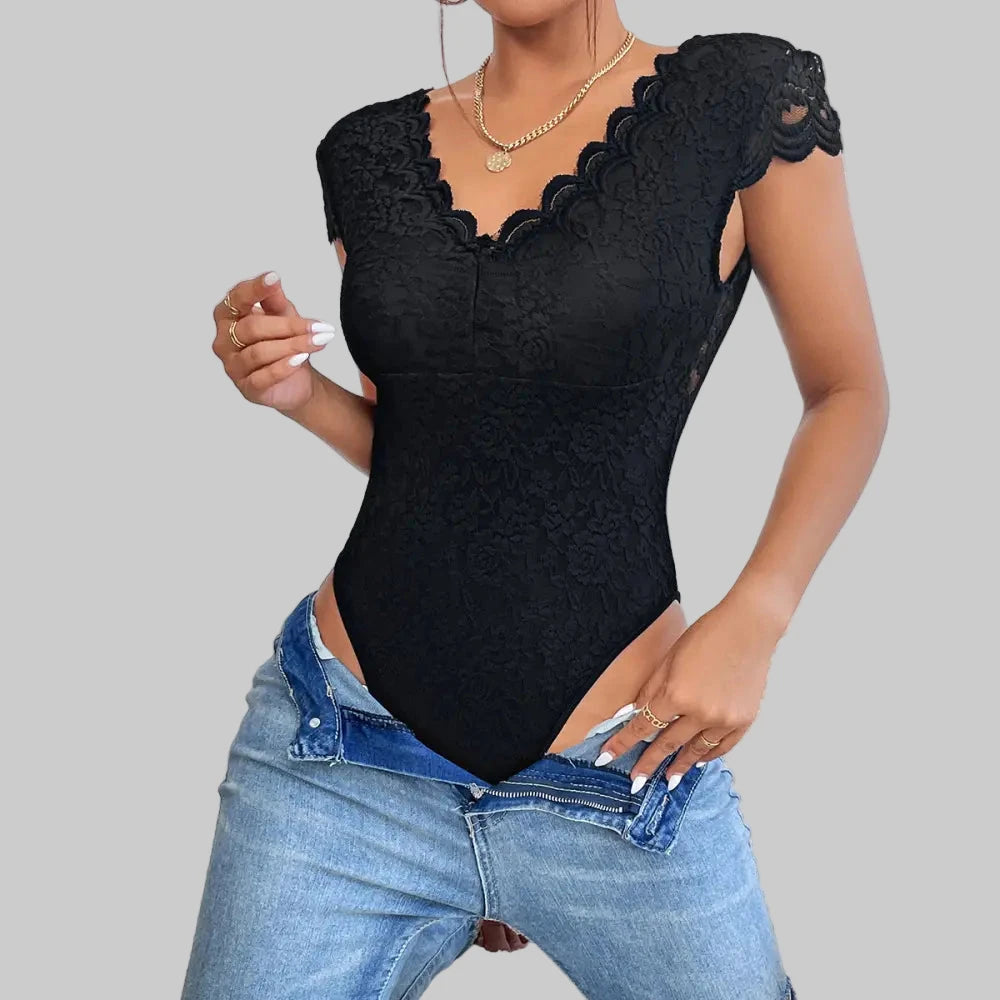 Lace See through Deep V-Plunge Backless Niche Design Bodysuit - XS / Black - Bodysuits