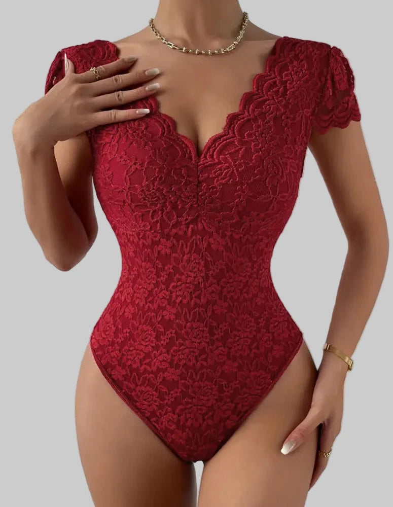 Lace See through Deep V-Plunge Backless Niche Design Bodysuit - XS / Burgundy - Bodysuits