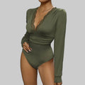 Lace Stitching Long Sleeve Bodysuit - S / Army Green - Bodysuits