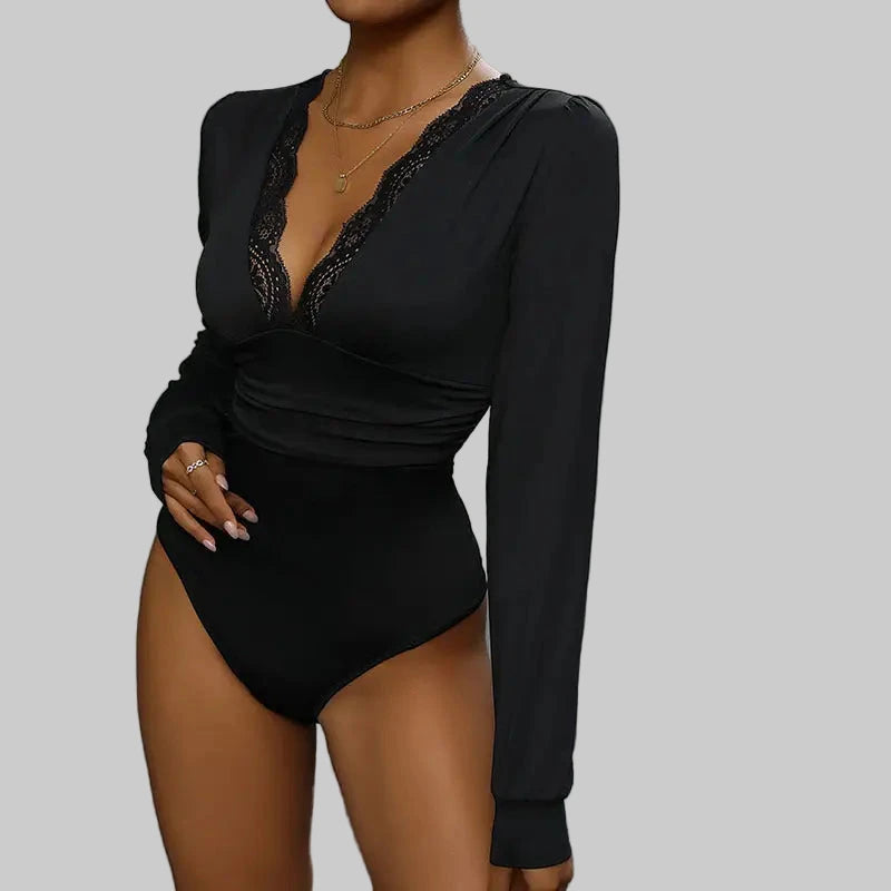 Lace Stitching Long Sleeve Bodysuit - S / Black - Bodysuits