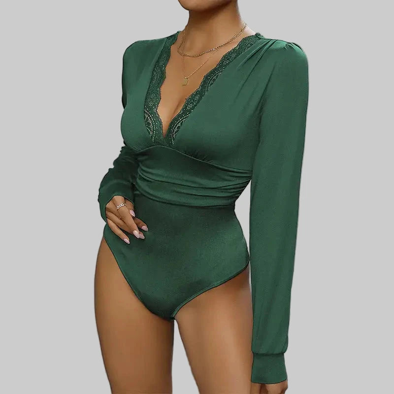 Lace Stitching Long Sleeve Bodysuit - S / Blackish Green - Bodysuits