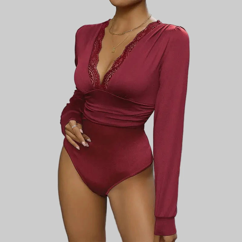 Lace Stitching Long Sleeve Bodysuit - S / Burgundy - Bodysuits