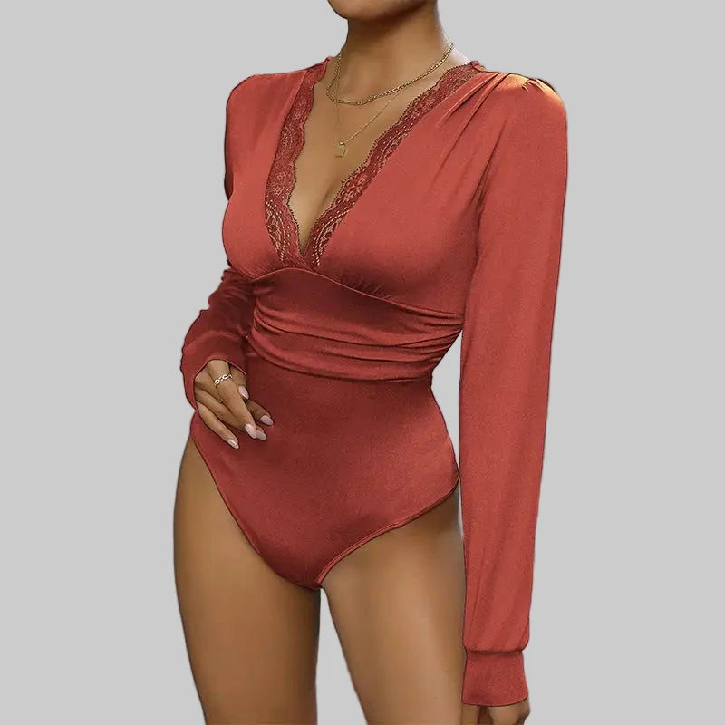 Lace Stitching Long Sleeve Bodysuit - S / Burning Orange - Bodysuits