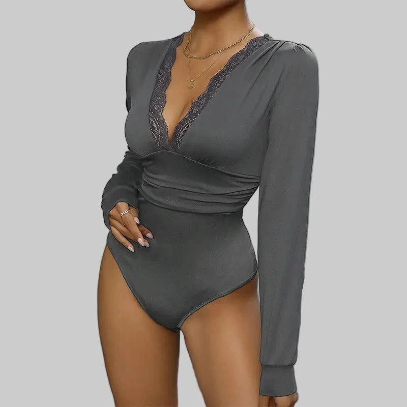 Lace Stitching Long Sleeve Bodysuit - S / Dark Grey - Bodysuits
