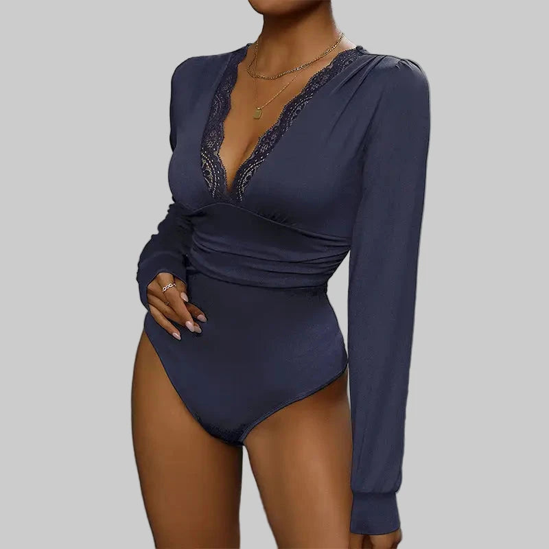 Lace Stitching Long Sleeve Bodysuit - S / Purplish blue - Bodysuits
