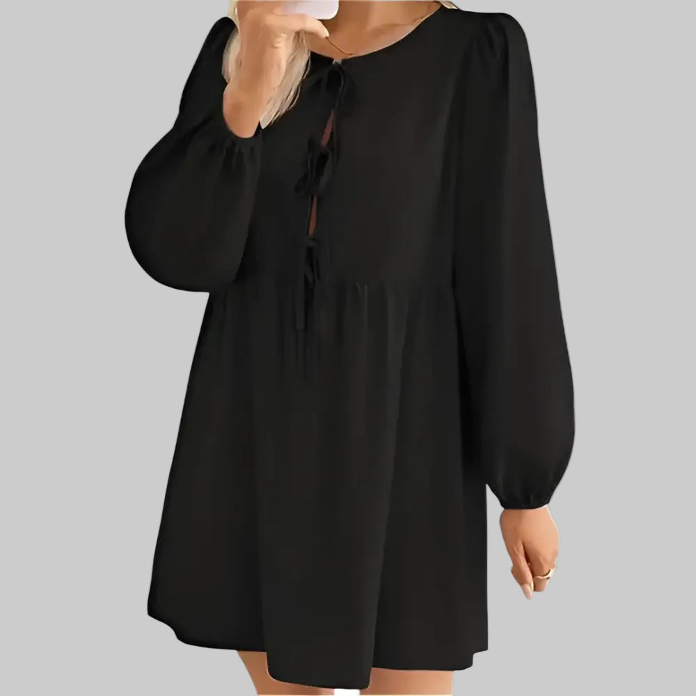 Lace-up A-Line Pleated Long Sleeve Dress - L / Black - Dresses