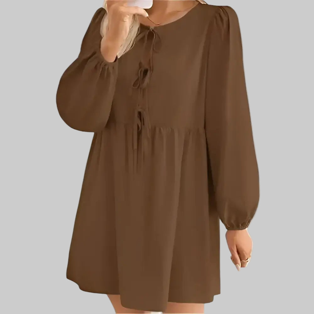 Lace-up A-Line Pleated Long Sleeve Dress - S / Dark Brown - Dresses