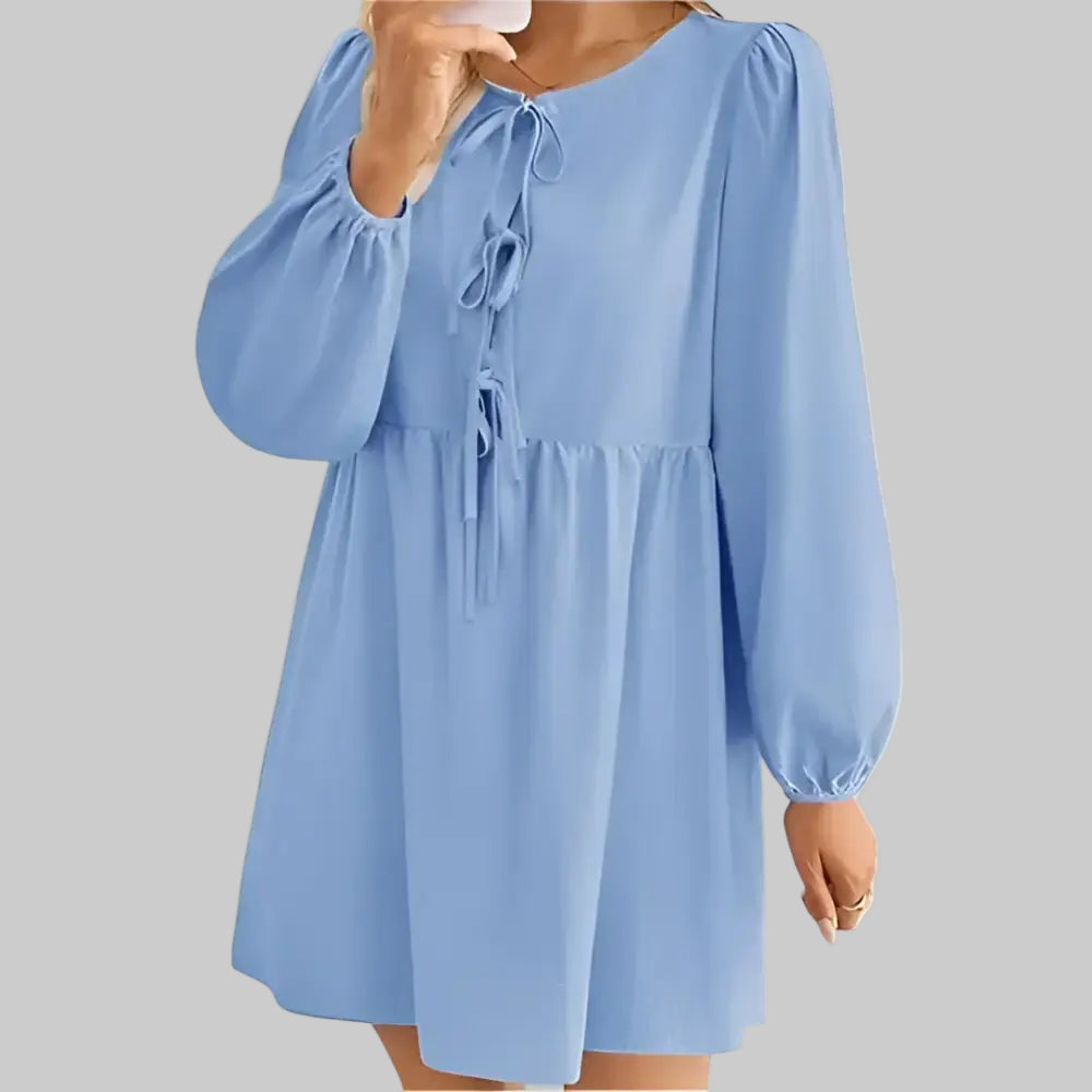 Lace-up A-Line Pleated Long Sleeve Dress - S / Light Blue - Dresses