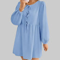 Lace-up A-Line Pleated Long Sleeve Dress - S / Light Blue - Dresses