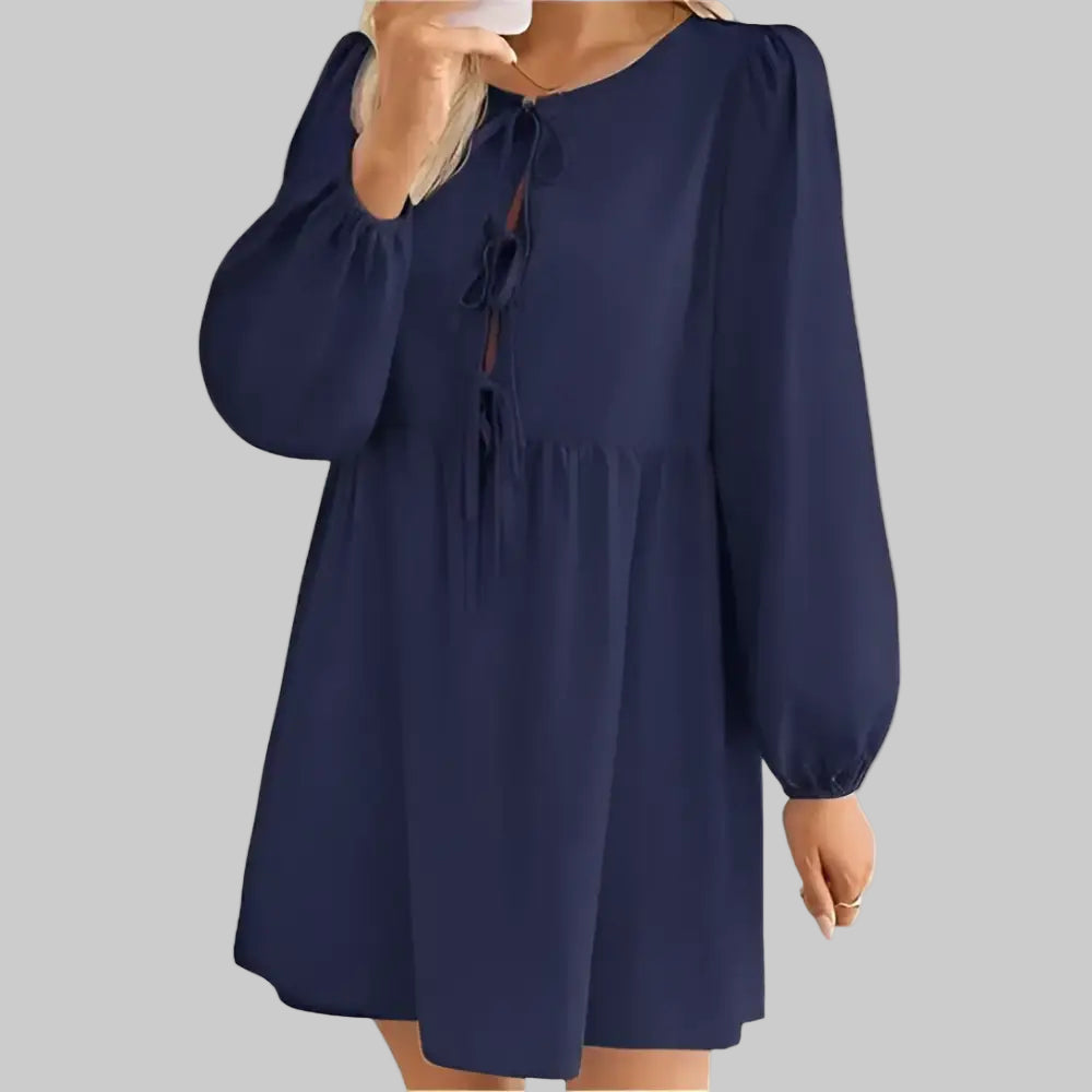 Lace-up A-Line Pleated Long Sleeve Dress - S / Navy Blue - Dresses