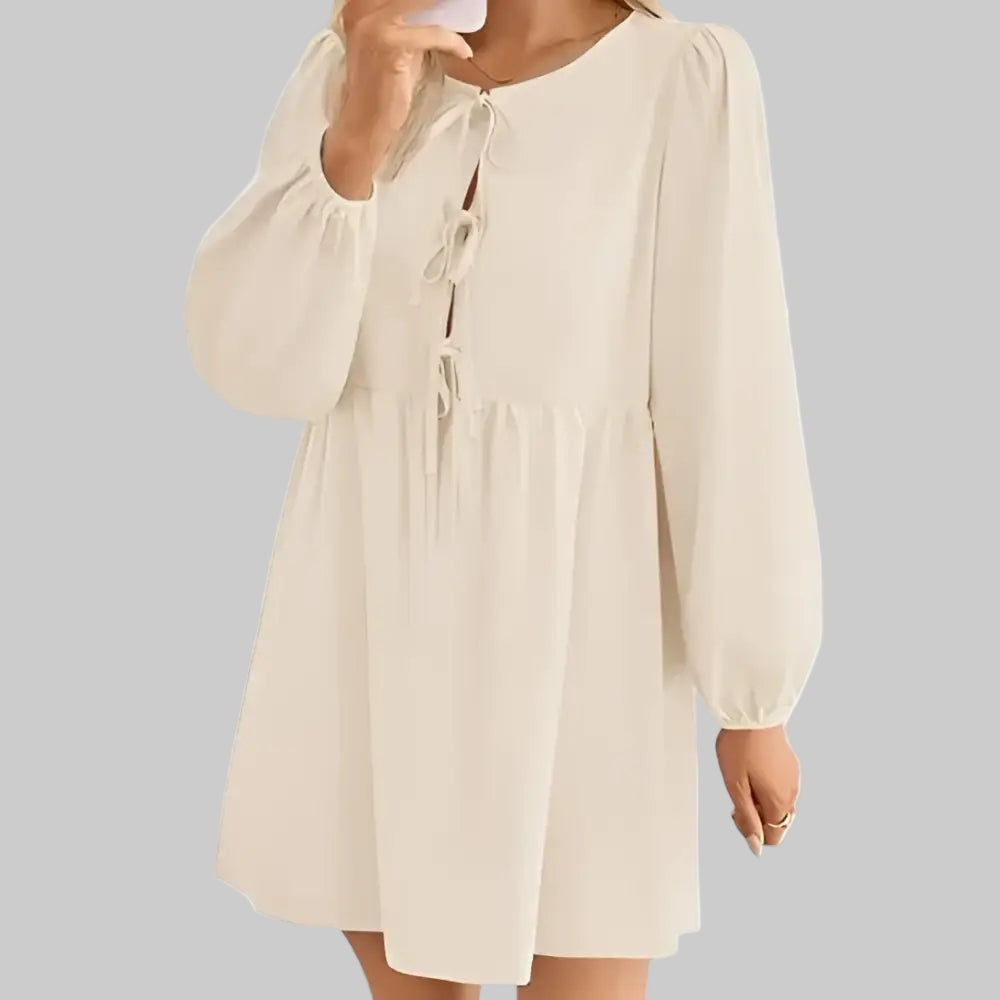 Lace-up A-Line Pleated Long Sleeve Dress - XL / Apricot - Dresses