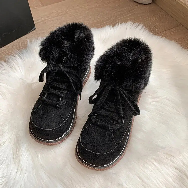 Lace-up Low Top Fleece Lined Ankle Boots - 35 / Black - Shoes