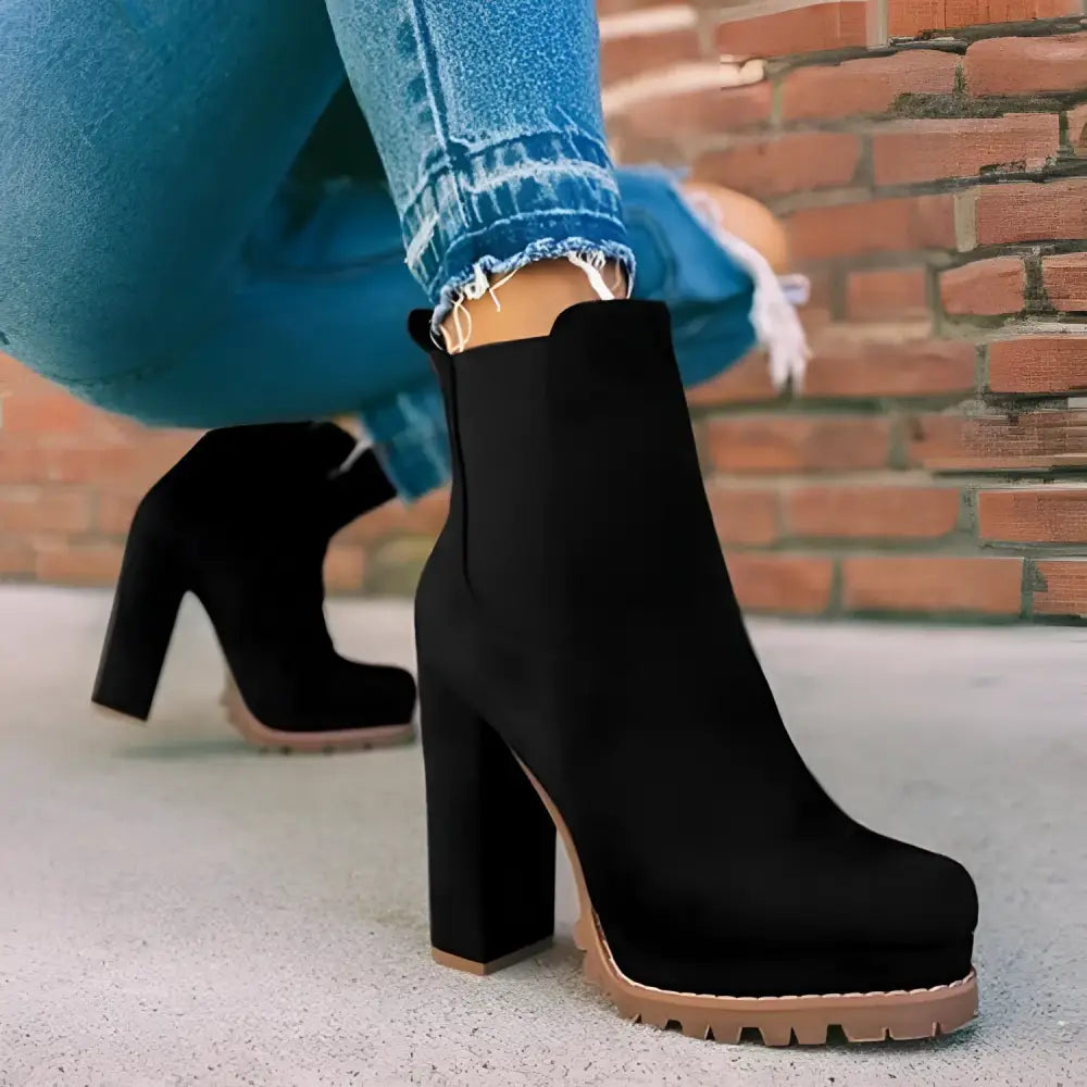 Leopard Chunky High Heel Elastic Band Suede Boots - 35 / Black - Shoes