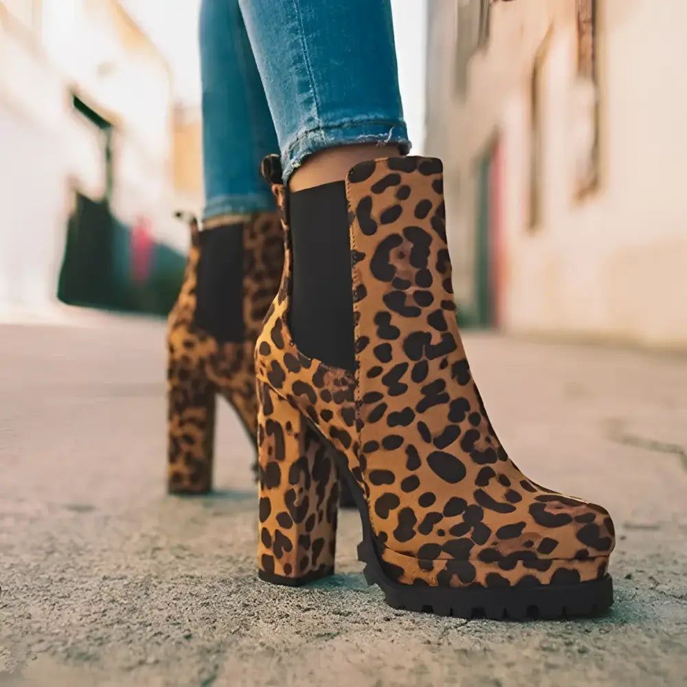 Leopard Chunky High Heel Elastic Band Suede Boots - 35 / Shoes