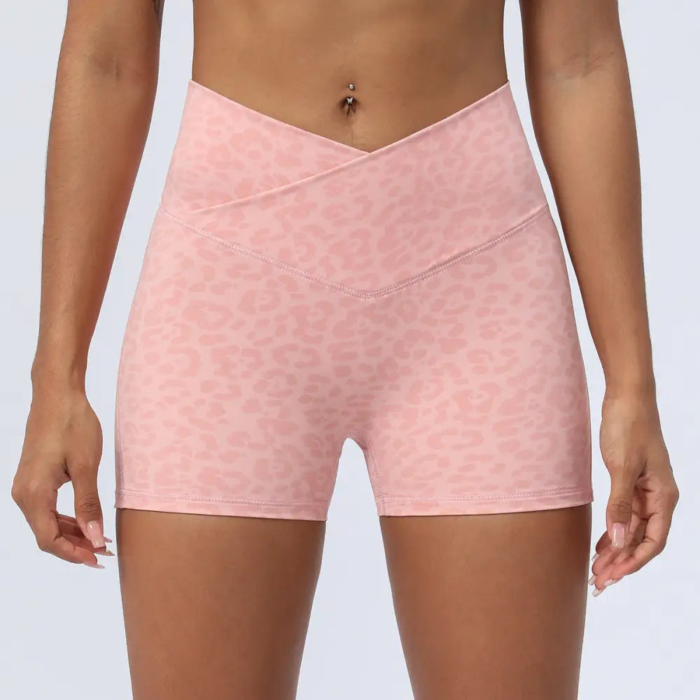 Leopard Yoga Cross Waist Fitness Shorts - S / Pink - Activewear
