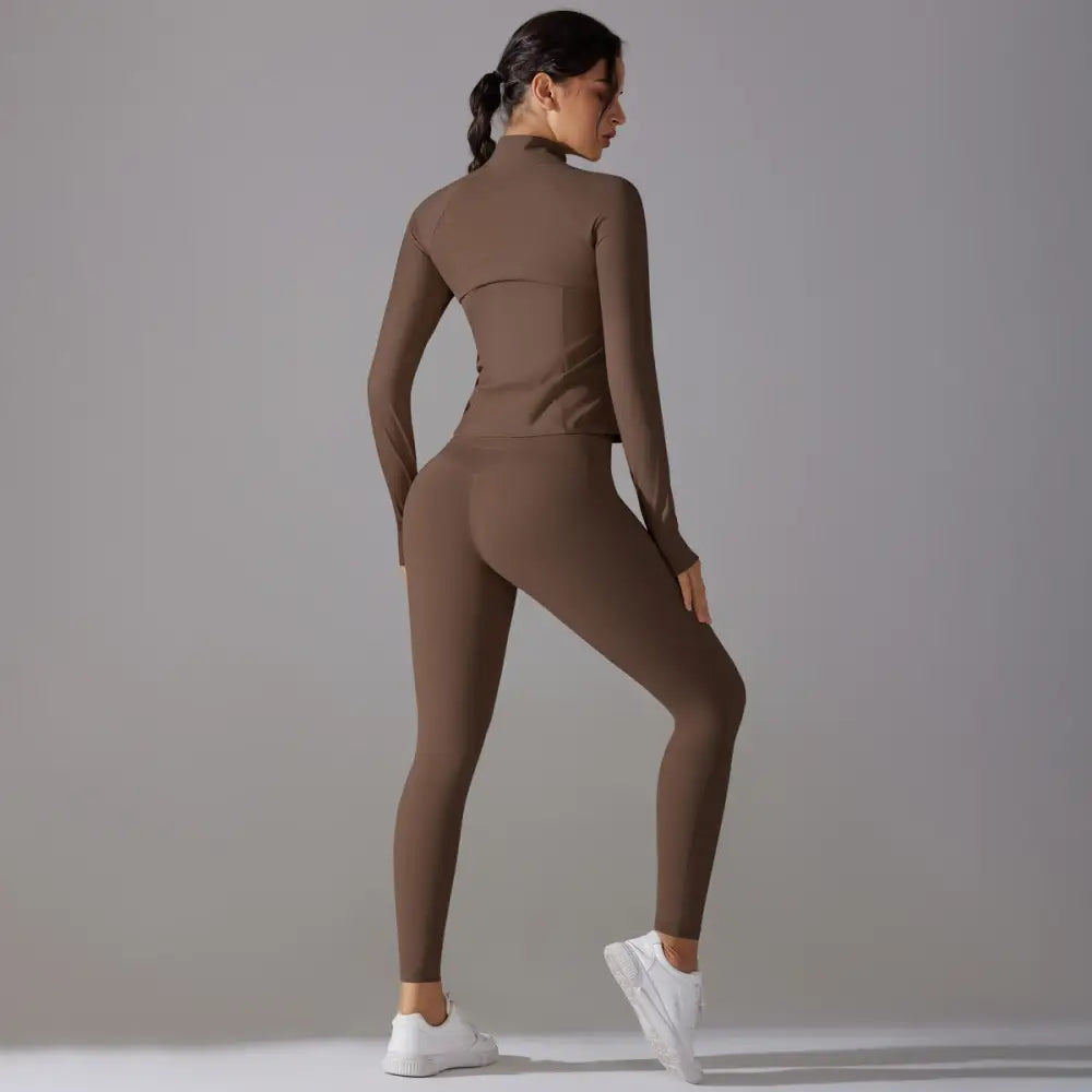 Long Sleeve Slim Elastic Zipper Workout Sports Set - Activewear