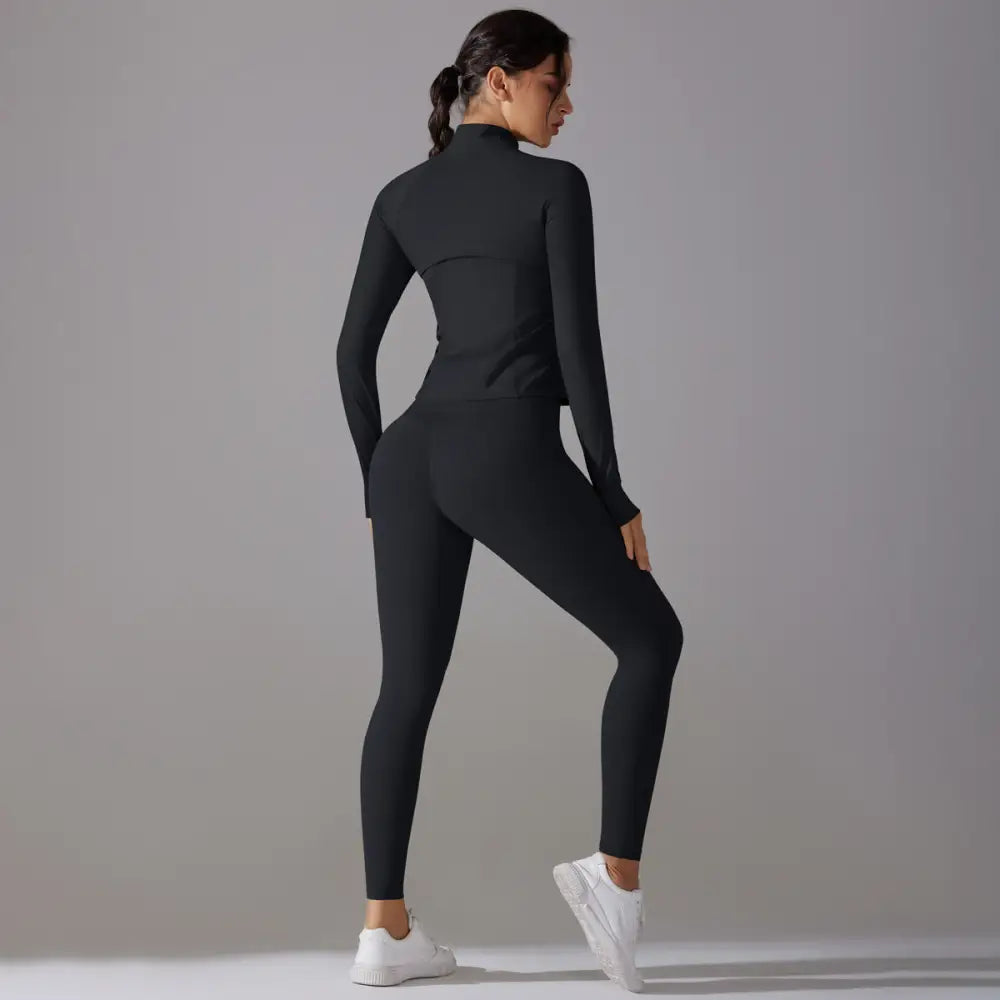 Long Sleeve Slim Elastic Zipper Workout Sports Set - Activewear
