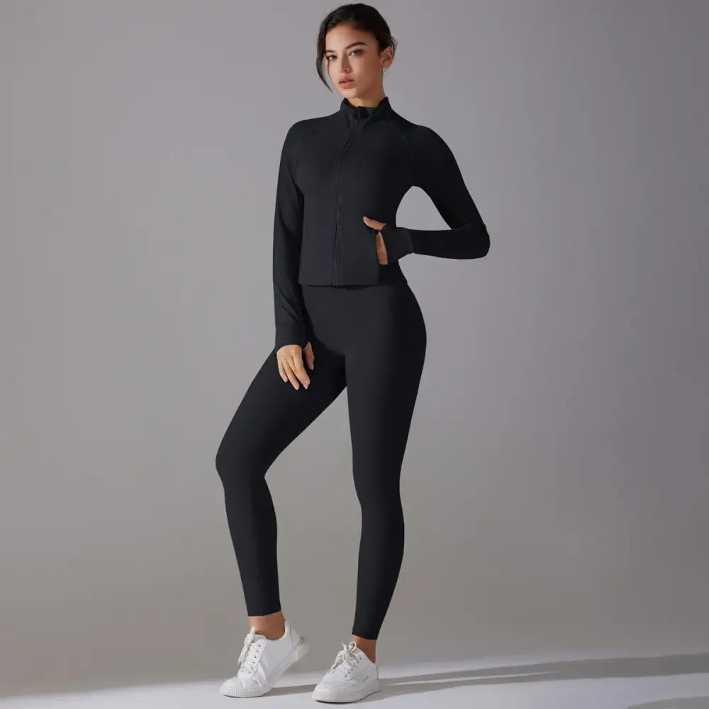 Long Sleeve Slim Elastic Zipper Workout Sports Set - S / Black - Activewear