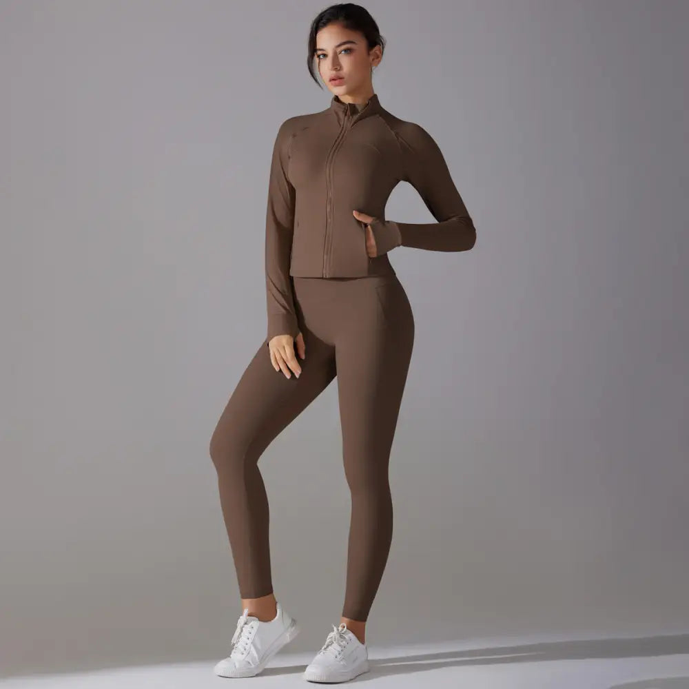 Long Sleeve Slim Elastic Zipper Workout Sports Set - S / Chestnut - Activewear