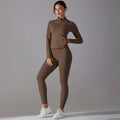 Long Sleeve Slim Elastic Zipper Workout Sports Set - S / Chestnut - Activewear
