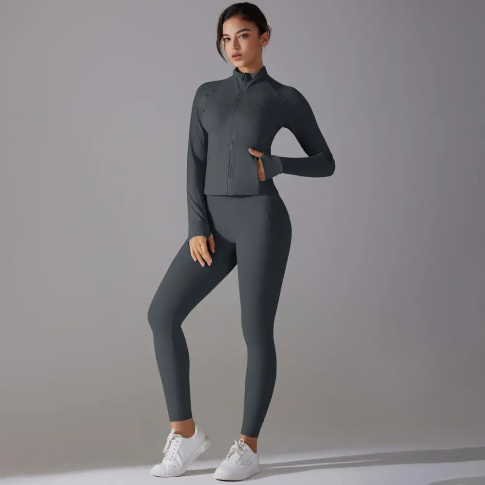 Long Sleeve Slim Elastic Zipper Workout Sports Set - S / Gray - Activewear