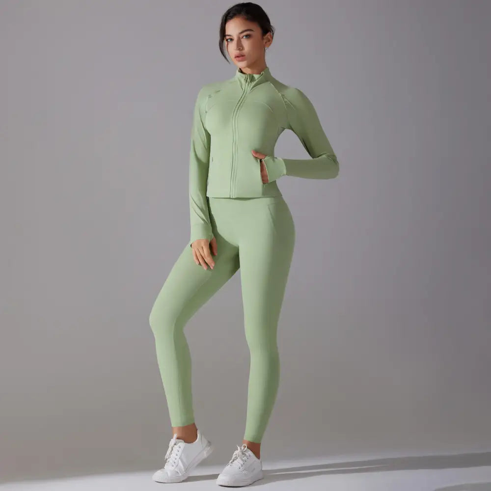 Long Sleeve Slim Elastic Zipper Workout Sports Set - S / Green - Activewear