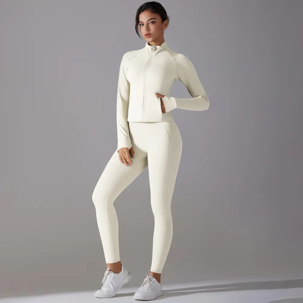 Long Sleeve Slim Elastic Zipper Workout Sports Set - S / Light Ivory - Activewear