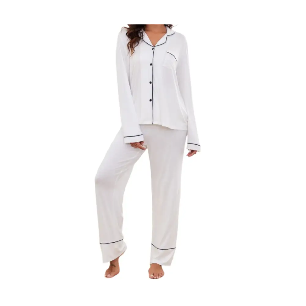 Long Sleeved Shirt Trousers Loungewear Set - S / White - Sleepwear