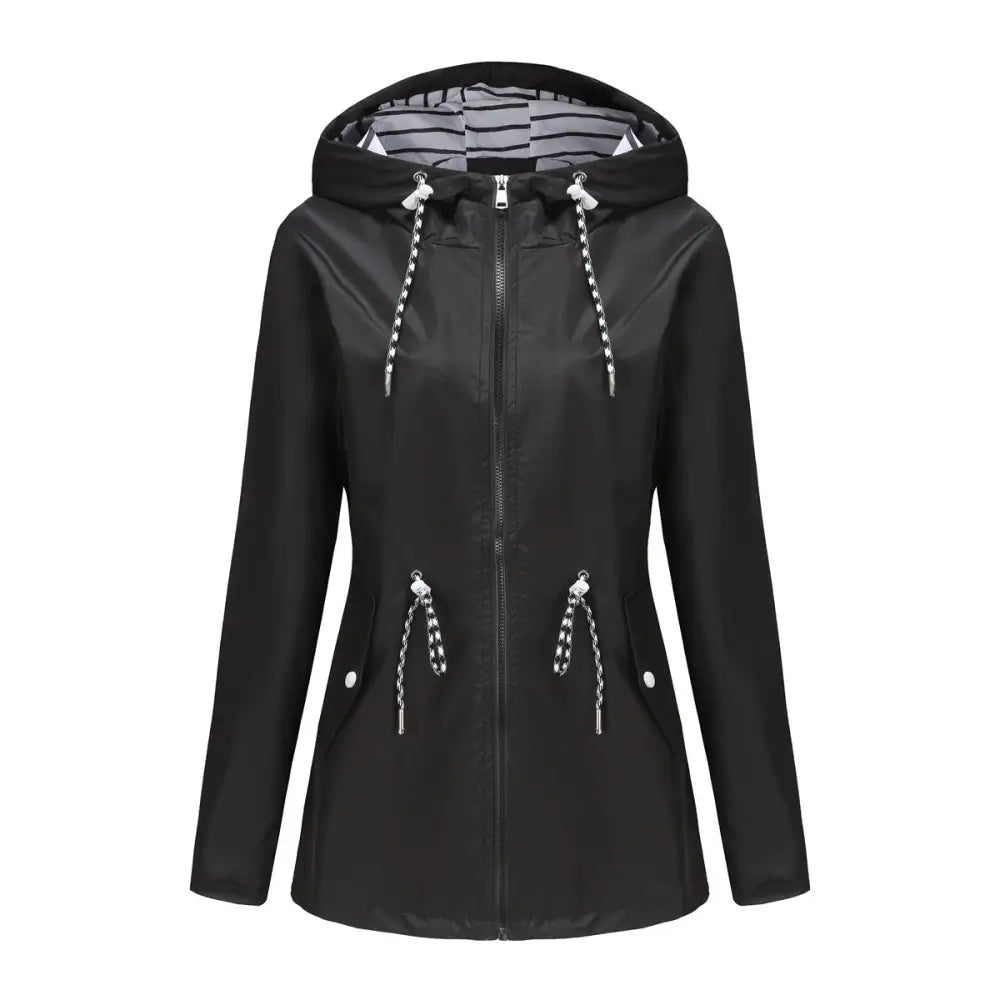 Long Sleeved Waterproof Hooded Mid Length Trench Raincoat - S / Black - Outerwear
