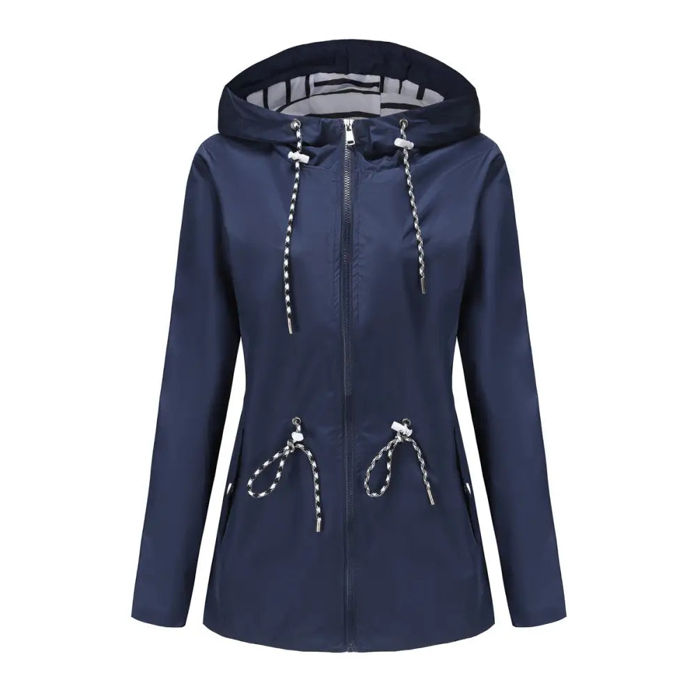 Long Sleeved Waterproof Hooded Mid Length Trench Raincoat - S / Navy Blue - Outerwear