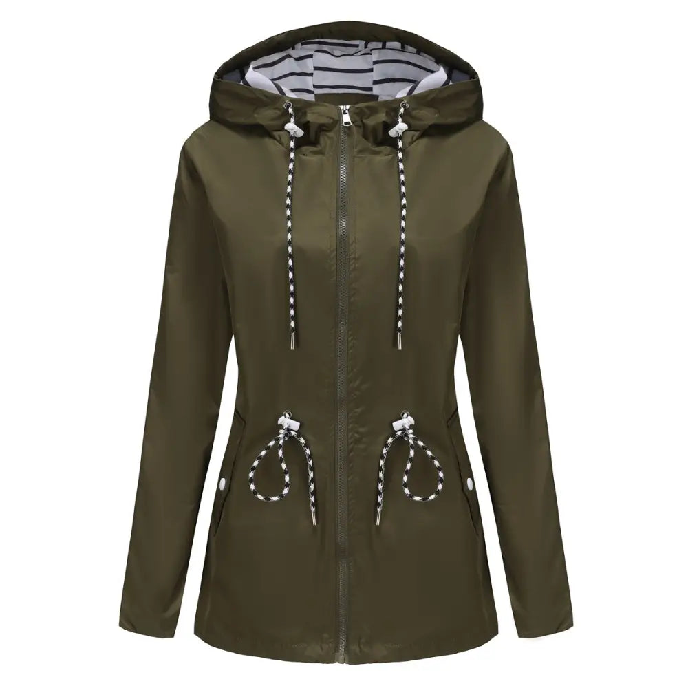 Long Sleeved Waterproof Hooded Mid Length Trench Raincoat - S / Olive Green - Outerwear