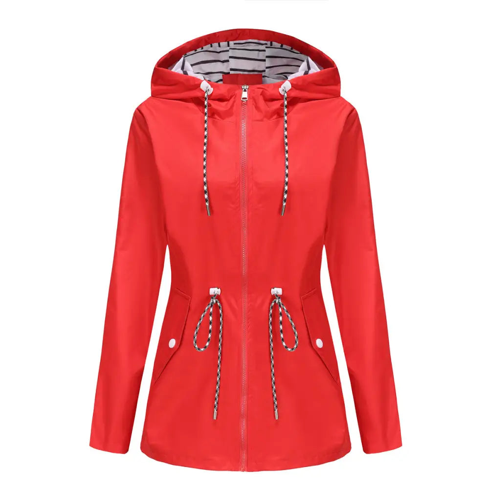 Long Sleeved Waterproof Hooded Mid Length Trench Raincoat - S / Red - Outerwear