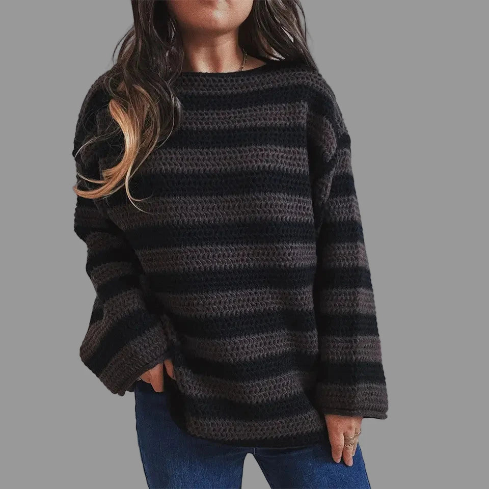Loose Striped Long Sleeved Knitted Pullover Casual Sweater - S / Black Brown - Sweaters & Cardigans